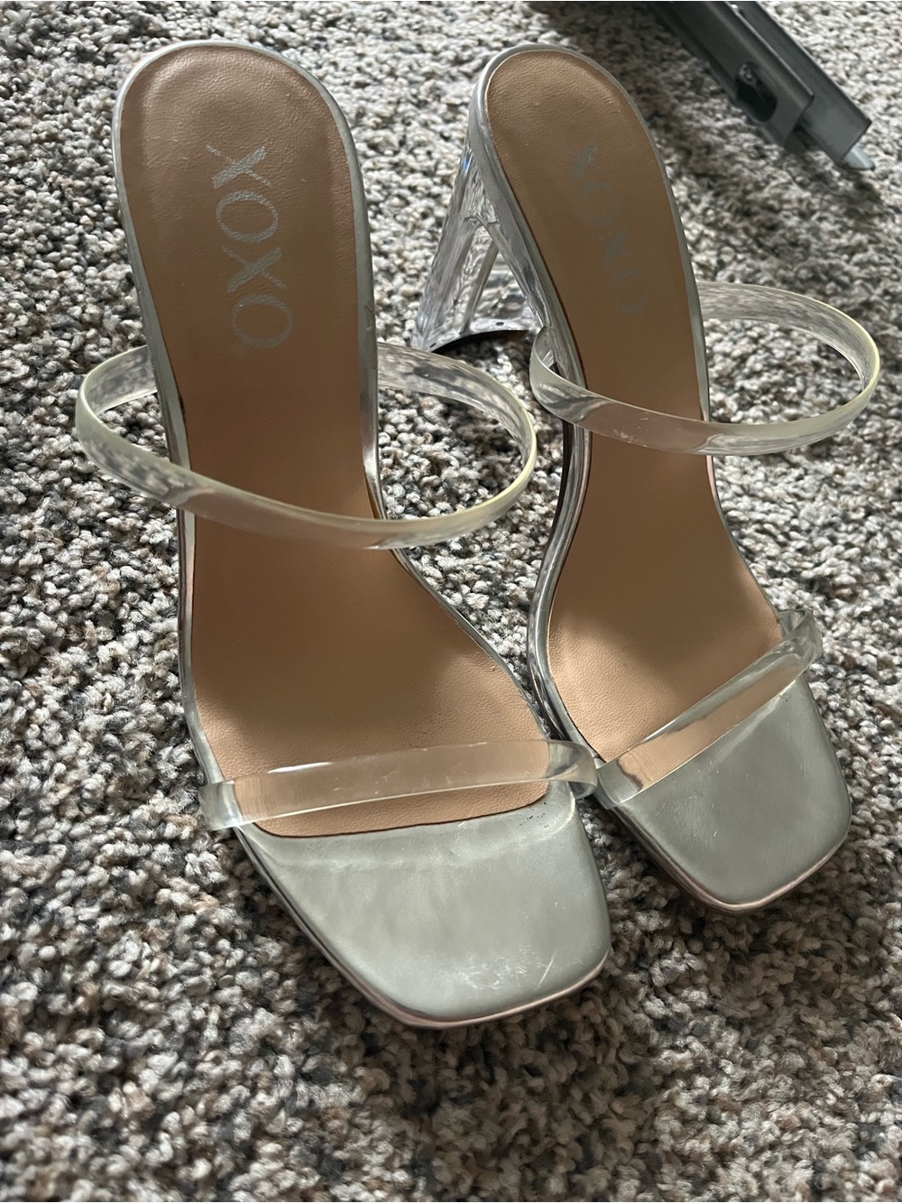 XOXO Clear Strap Silver-Tone Block Heels